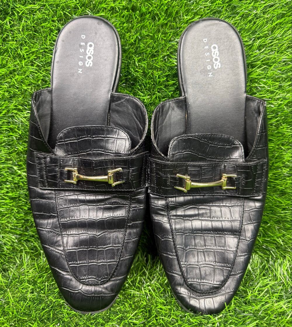 ASOS DESIGN Men Black Croc Mule Loafers Backless Slip On Gold Bit Shoes 13 W